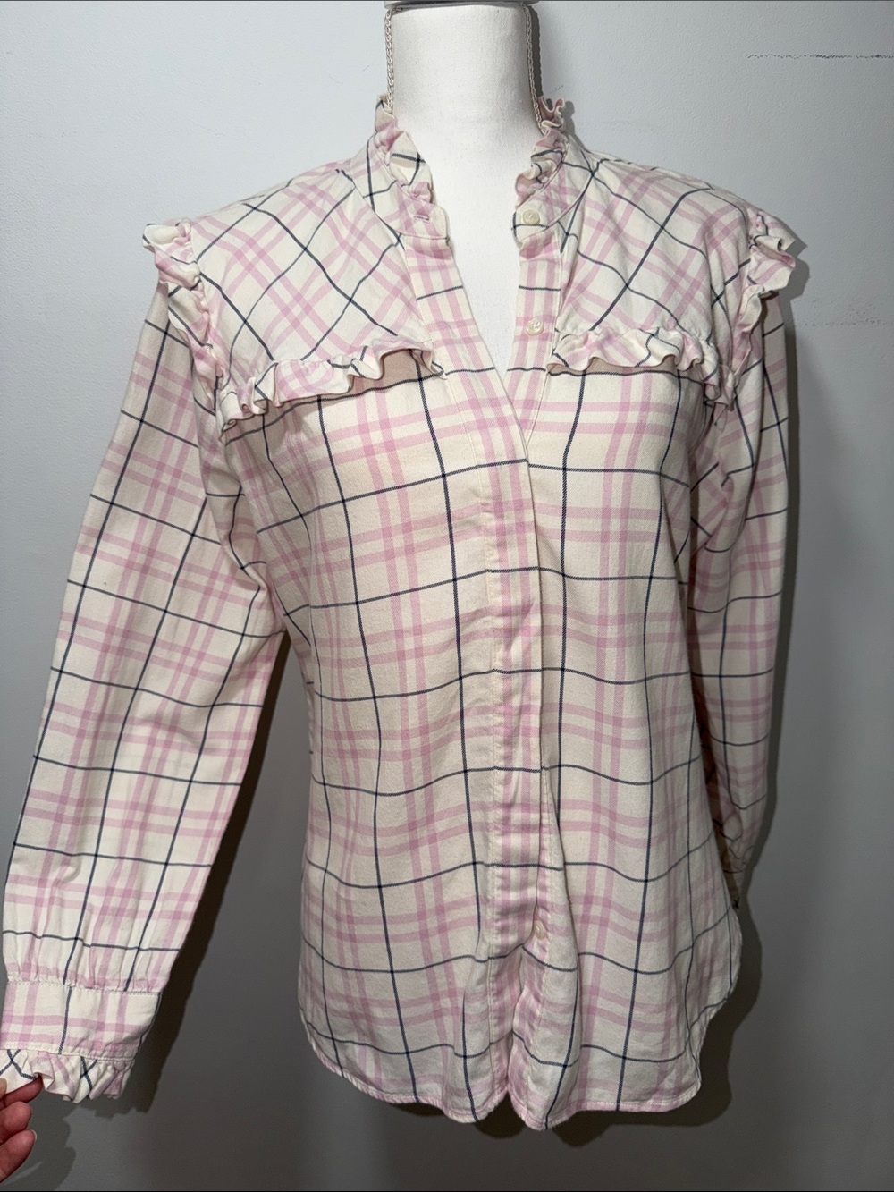 Untuckit Womens Josie Plaid Buttoned‎ Ruffle Top M Office Preppy Equestrian